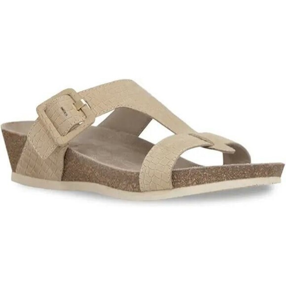 Munro Sandals Womens 9.5W Ronda TStrap Cork Wedge Slide Tan Leather Gator Print - Picture 1 of 12